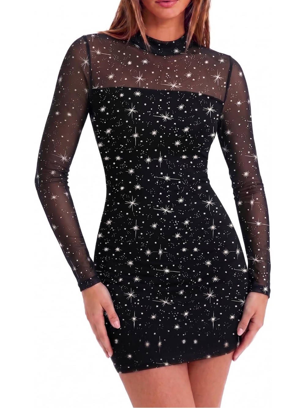 Black Star-Print Mesh Long Sleeve Bodycon Dress